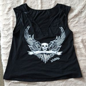 Shein Black Skull Print Tie Shoulder Top 1X